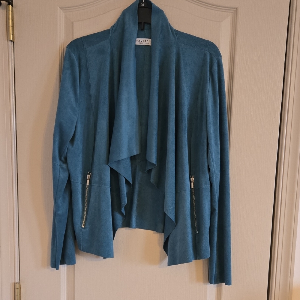 bagatelle Teal Blue Suede Draped Open Front Jacket